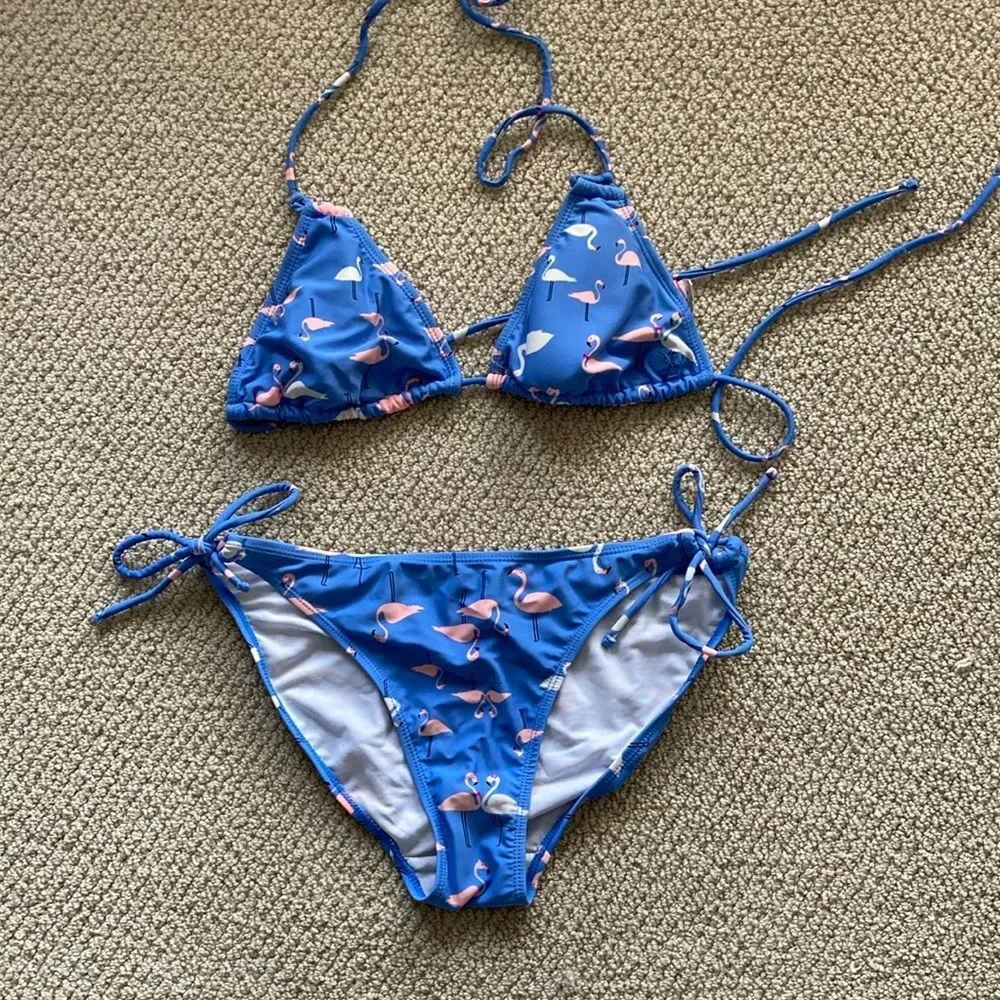 OP Girls Flamingo Bikini Set Triangle Adjustable Straps Blue Pink Size Large EUC